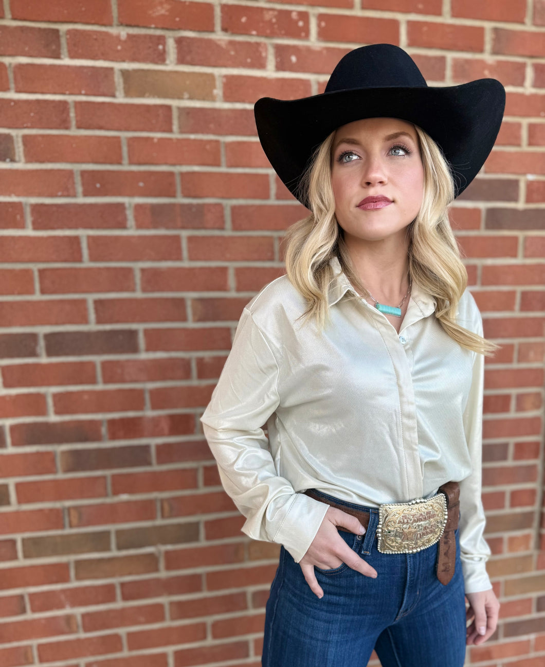 The Seguin Metallic Button Down in Cream-Silver Metallic S-L