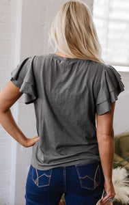 The Hudson Gray Ruffle Sleeve Top S-3X