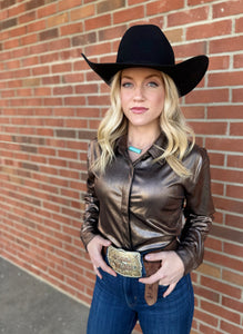 The Seguin Metallic Button Down in Black-Rose Gold Metallic S-L