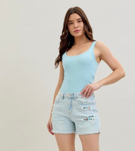 The Aztec Print Patch Shorts by Judy Blue S-L