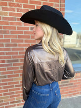 Load image into Gallery viewer, The Seguin Metallic Button Down in Black-Rose Gold Metallic S-L
