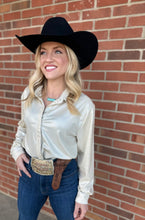 Load image into Gallery viewer, The Seguin Metallic Button Down in Cream-Silver Metallic S-L
