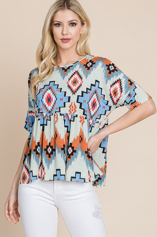 The Lindale Aztec Peplum Top Mint S-XL