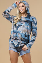 Load image into Gallery viewer, The Richmond Aztec Hooded Grey/Blue Top 1X-3X
