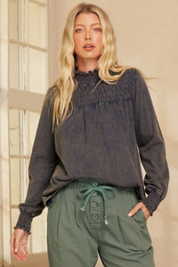 The Mineral Wells Navy Washed Smocked Top S-3X