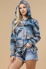 Load image into Gallery viewer, The Richmond Aztec Hooded Grey/Blue Top 1X-3X
