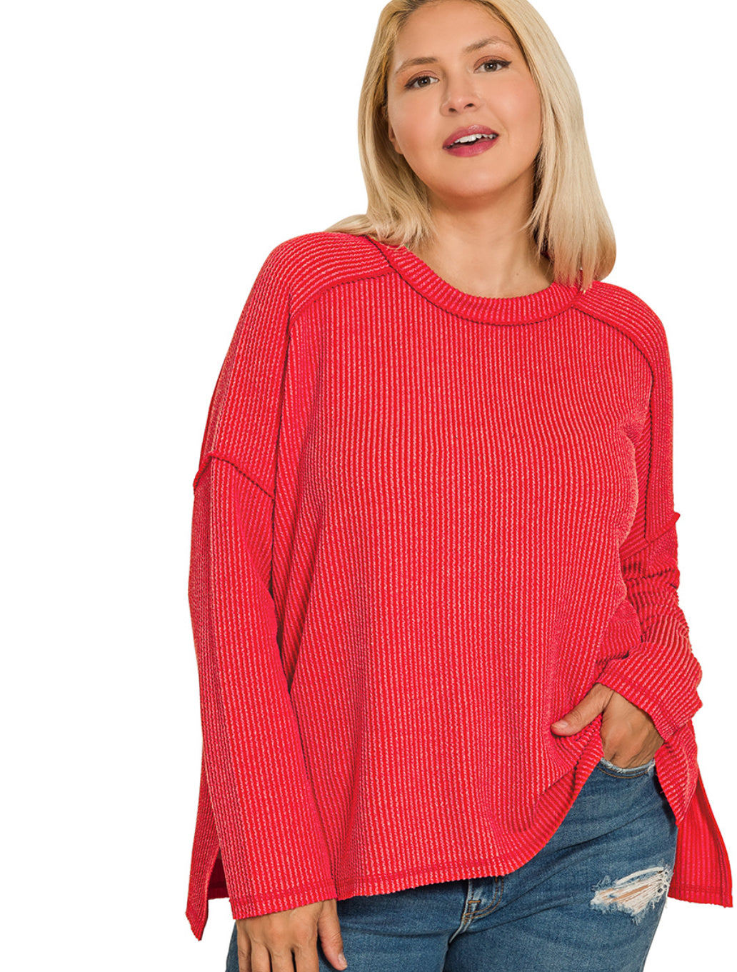 The Trinity Ruby Red Ribbed Top S-3X