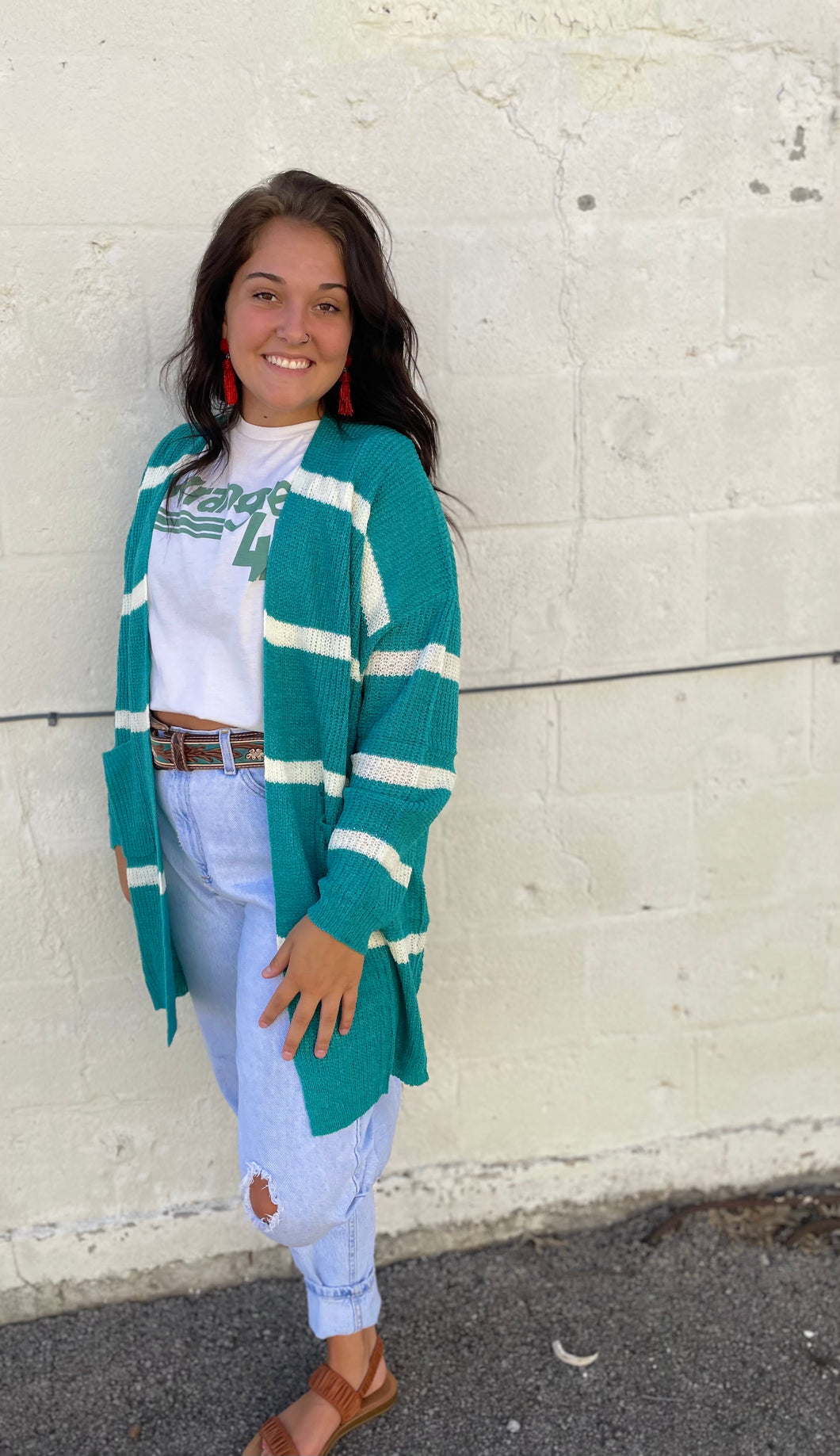 The Harper Cardigan in Teal-White S-L